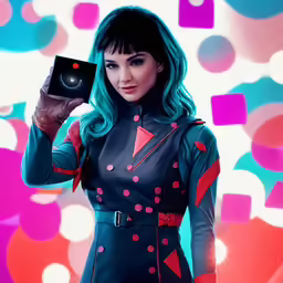 a woman is holding up a phone in front of colorfully colored background