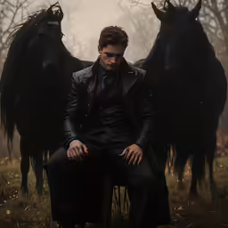 a male vampire is sitting in the field