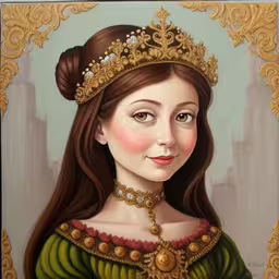 a painting of a young girl with a tiara,the portrait has a golden crown on top of it