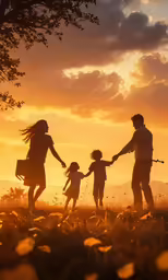 family walking with two small children on the sunset