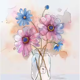 a bouquet of pink and blue flowers sitting inside a mason jar,an art work showing a jar full of flowers with blue petals