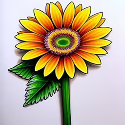 a large yellow sunflower drawing against a white wall,an artist uses colored pencils to draw beautiful flowers,a drawing of a sunflower with two large leaves,a drawing of a flower in color on a white background,a painted sunflower in a vase with leaves
