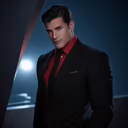 man in black jacket and red shirt posing for a picture