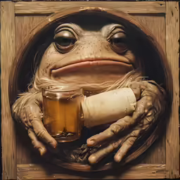 a statue of a frog with a mug holding a beer