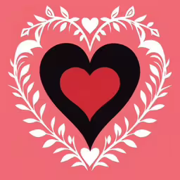 a large heart surrounded by small leaves on a red background,a heart shape is shown against a pink background,two heart shapes with the word love spelled inside it,two hearts surrounded by branches and leaves,the big heart with many small hearts around it
