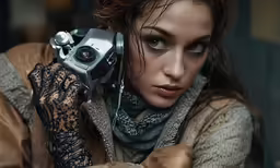 a girl with gloves holding a camera