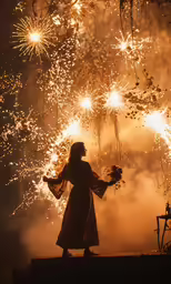 a person in a long dress is standing near some fireworks