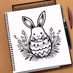 a bunny with an egg in it on top of a notebook,a spiral notebook has an illustration of a rabbit with flowers,a drawing of an easter bunny surrounded by flowers,an egg and rabbit is sitting on top of some plants,drawing with black ink on a spiral book