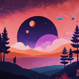 the background for a landscape painting with a person looking at the moon,an image of a landscape with a guy on a hill