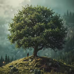 a tree on a hill with a man looking over its shoulder