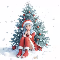 a person sitting near a christmas tree in the snow