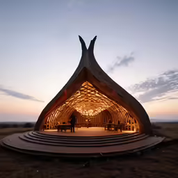 a gazebo lit up with a light inside of it
