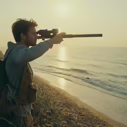 a man holding a rifle with the sun in the background