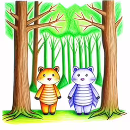 cartoon animals with trees and sky as background