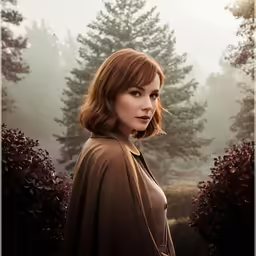 a lady standing in the woods with trees in the background