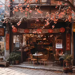 a restaurant with a table and chairs outside