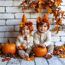 two little girls sitting on a table filled with pumpkins