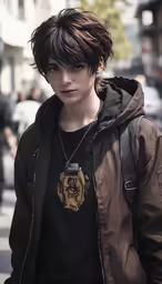 a person wearing a black shirt, jacket and necklace on the street