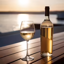 a bottle and glass of wine sitting on a table near the ocean