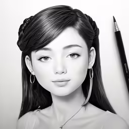 an image of a girl with long hair and two earrings and a pen