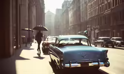 the car is blue and it has an open umbrella