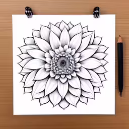 an art piece with some drawing of a flower,a flower drawn in black and white ink