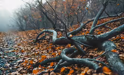 a tree has fallen over while laying in leaves