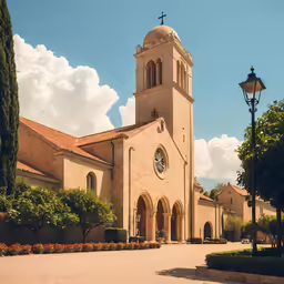 a view of a church in the day sun