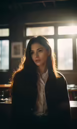 a woman sitting in a dark room looking at the camera
