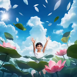 a kid that is jumping over some flowers