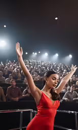 a woman in a red dress raises her hands in front of a crowd of people