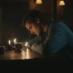 a young man sitting at a table with lit candles