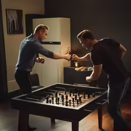 two men playing checkers in a darkened room