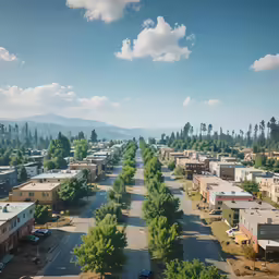 a view from a high up over the road in a town