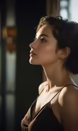 woman in brown tank top and earring sitting next to window