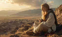 a woman sitting in the sun on a mountain
