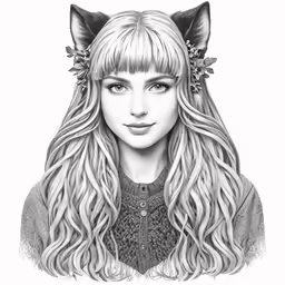 a drawing of a girl with long hair and a cat head