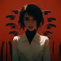 the woman is posing next to a red wall with black bats