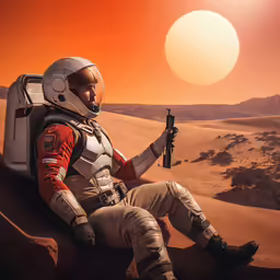 a man in an astronaut suit sitting on a rock with a gun