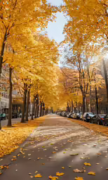 an empty road with yellow leaves lining the tree lined sidewalk