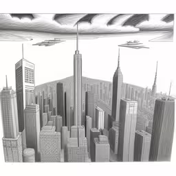 an artistic drawing of a city skyline,a pencil drawing of skyscrapers with futuristic buildings on the sides