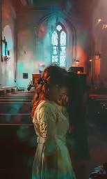 a woman in a dress and some smoke in a room