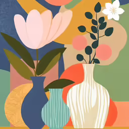 three flower vases on a table in front of a wall