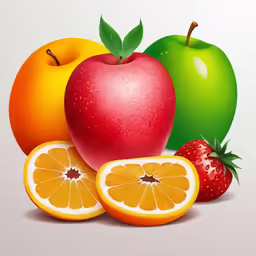 an apple, orange, strawberry and apple on a white background