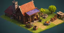 an island with a house and an oven,a screenshot of a stylized house with a lot of details