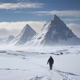 a person hiking through snow towards mountains
