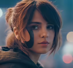 a woman with a ponytail and bangs standing in front of boke lights