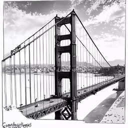 black and white illustration of a city bridge with the sky as background
