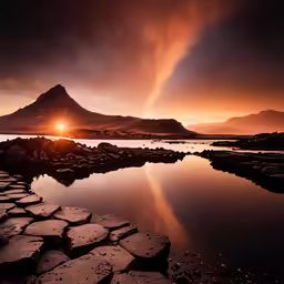 a mountain in the background and a river reflecting the sun