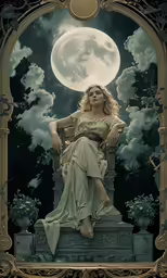 a woman sitting in a chair with a large moon behind her